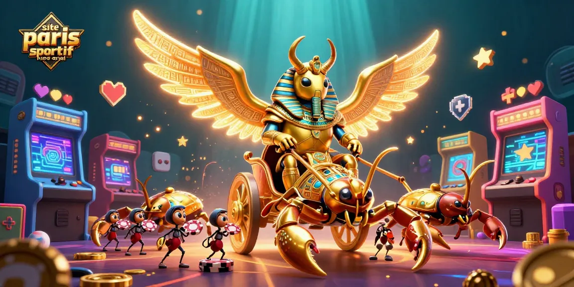 Pariez sur le site paris sportif hors arjel avec un scarabée doré majestueux et des éléments de casino colorés.