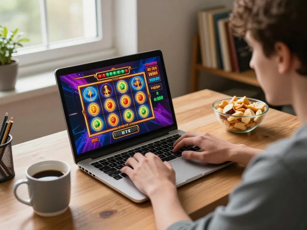 Engaging in slot depo 3k gameplay at home with colorful graphics on screen