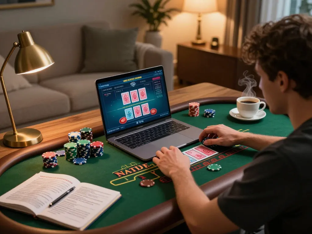 Player engaging with baccarat software on a laptop, demonstrating strategies with lc888 gaming tools