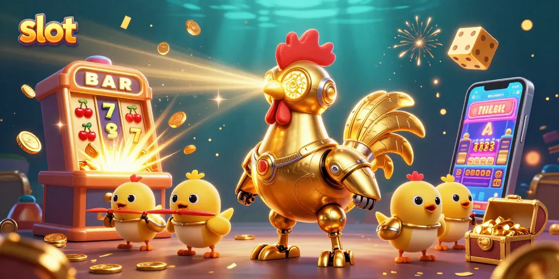 Slot memberi gaya visual dengan mesin slot megah dan karakter robot ayam futuristik yang dinamis.