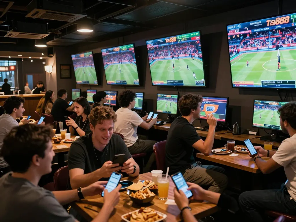 Excited patrons engaging in sports betting on ta888, with live games displayed on screens.
