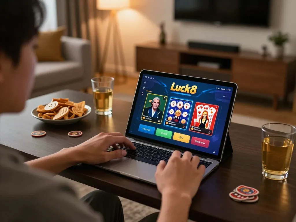 Player enjoying Luck8biz online casino games on tablet in a cozy living room setup
