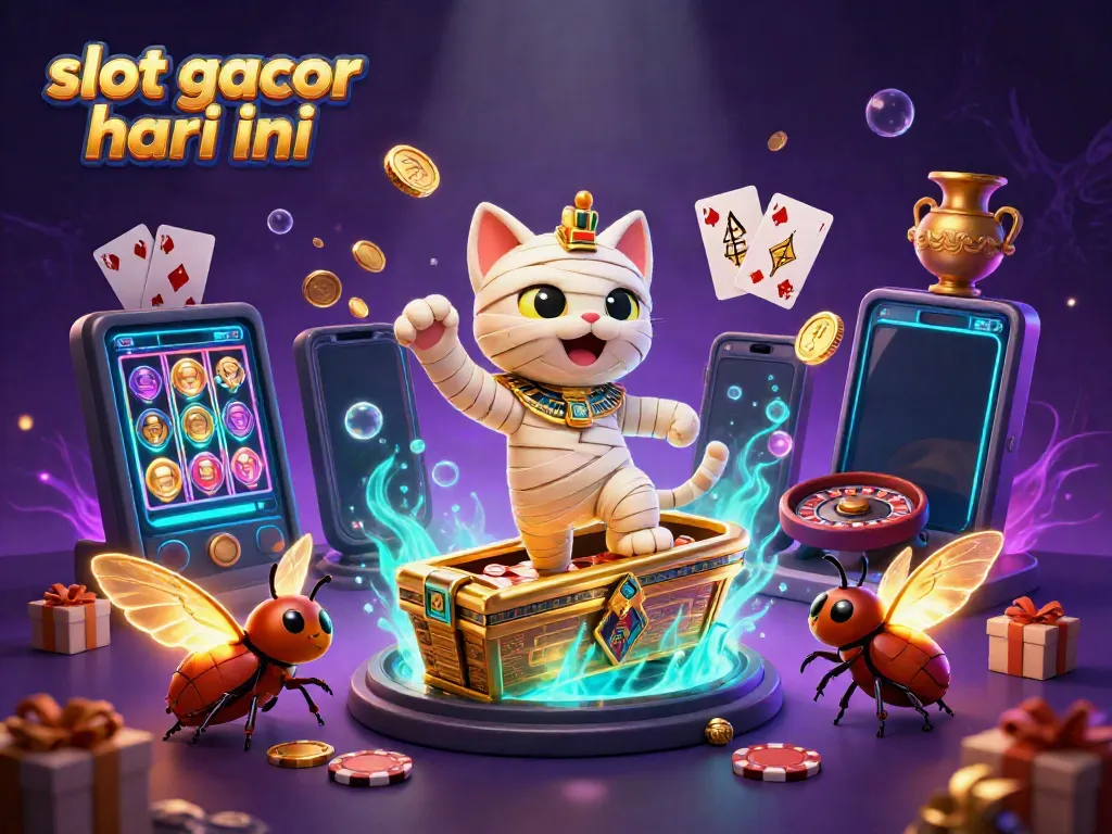 Experience slot gacor hari ini with a vibrant 3D scene of a cartoon mummy and scarab in a pyramid casino.