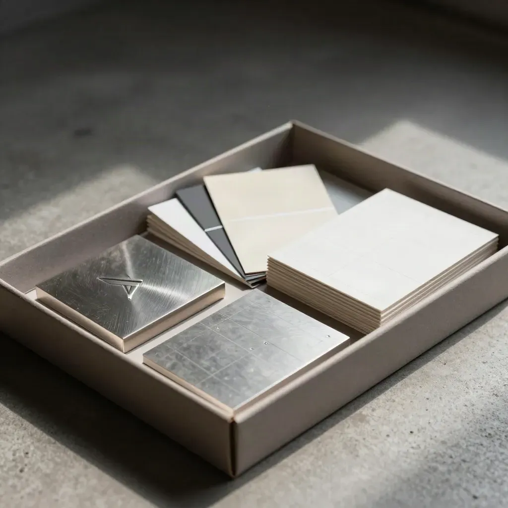 Mid-sort brand kit box with swatches, logo tile, type chips, and rule cards on concrete.