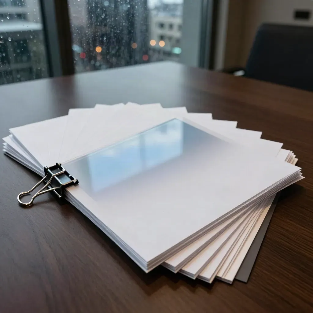 Macro pitch deck boards and chrome clip on a dark table in blue-hour office light.