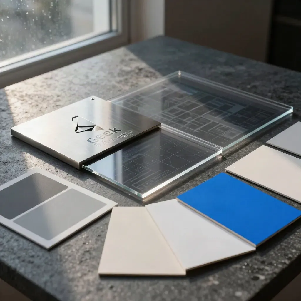 Cinematic design agency hero tableau with logo plaque, UI sheets, and swatches on stone.