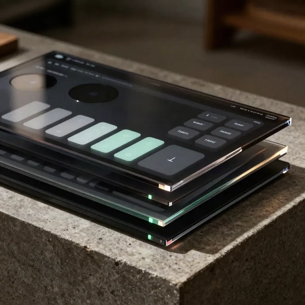 Translucent black acrylic UI boards with mint edge glow on a dark studio plinth
