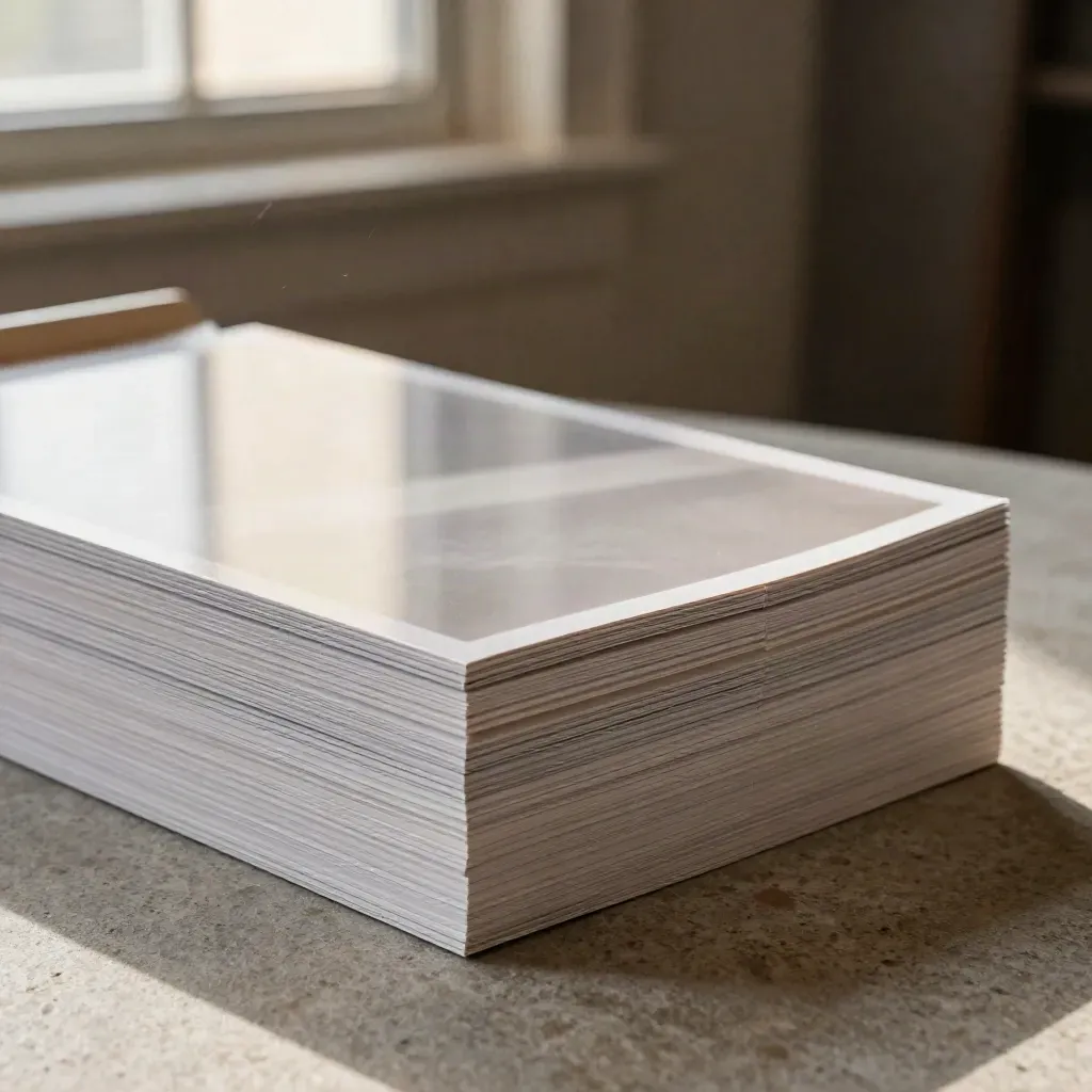 Stacked presentation boards on stone, catching upper-left light in a cozy interior