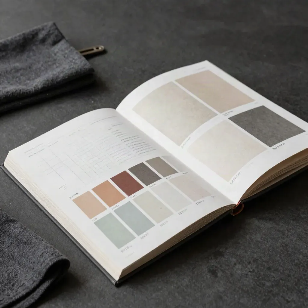 Open style guide with swatches, spacing blocks, and folded cloth on a dark table