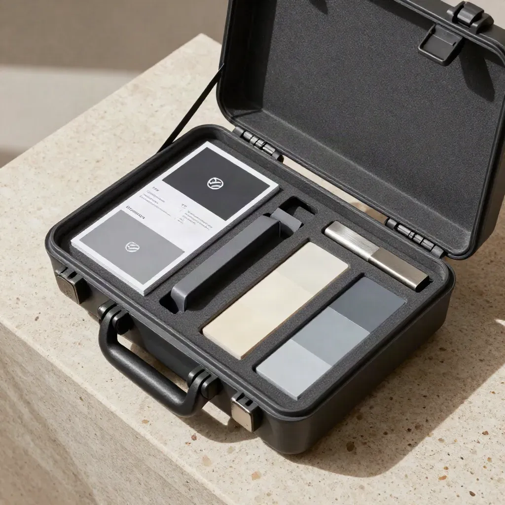 Open launch readiness kit with cards, dividers, and color chips in a charcoal case on travertine.