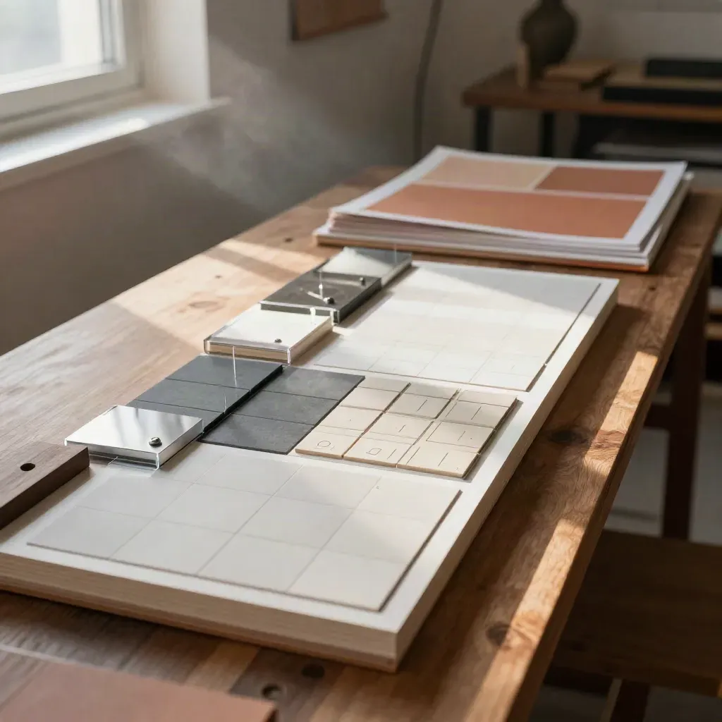 Modular design system pages and color tiles spread across a studio bench in warm side light.