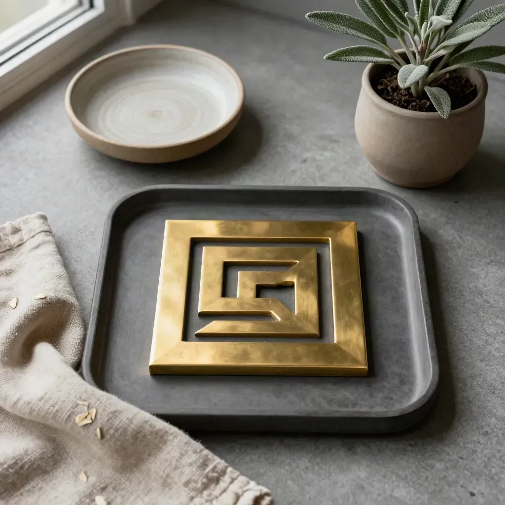 Brass geometric logo tile with ceramic dish, linen, and a small plant on concrete