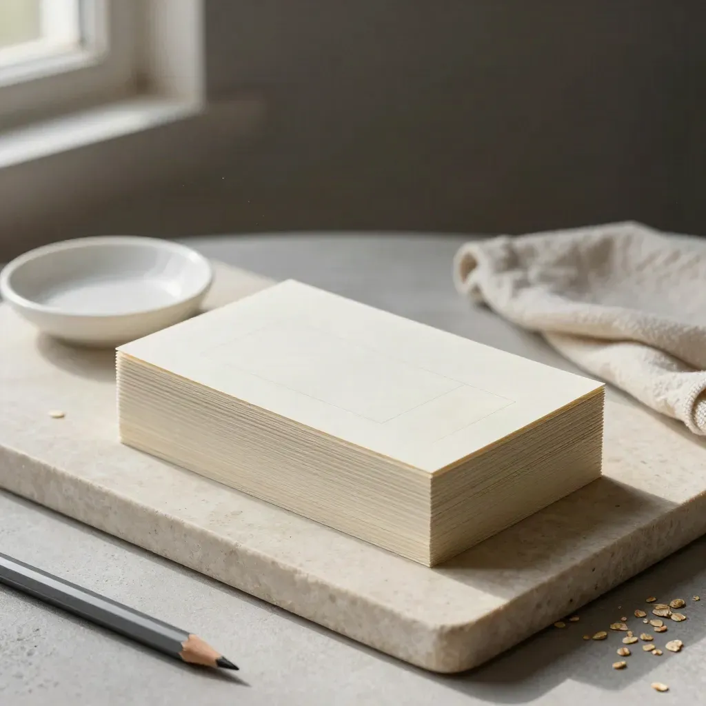 Cream copy cards, pencil, dish and folded cloth on a stone tray in soft window light.