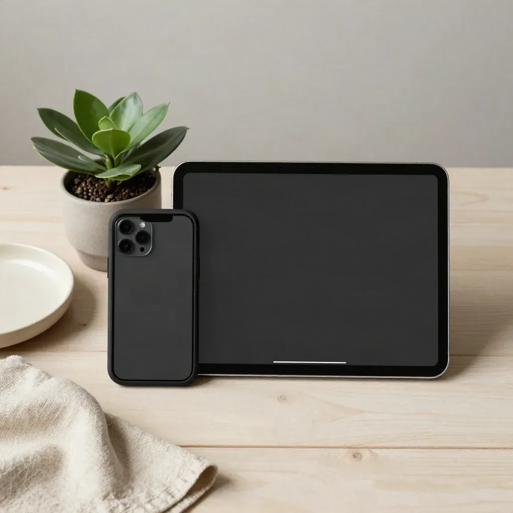 Top-down still-life of phone and tablet mockup shells with plant and dish on pale wood.