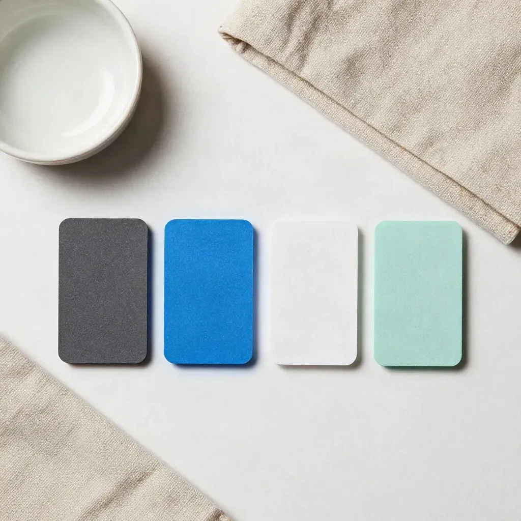 Overhead chips in charcoal, blue, white, and mint beside ceramic dish and linen