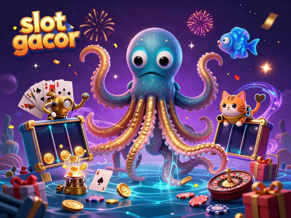 Experience slot gacor with a vibrant scene of a kraken, diving cat, and dynamic casino elements.