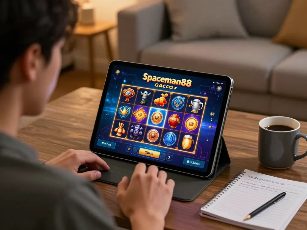 Player engaging with Spaceman88 slot gacor on tablet, capturing exciting online casino experience.