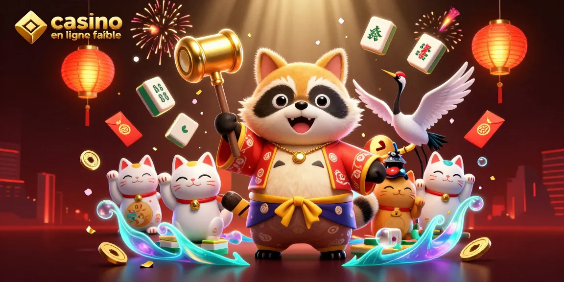 Scène engageante d'un tanuki joyeux promouvant un casino en ligne fiable avec des éléments de jeu vibrants.
