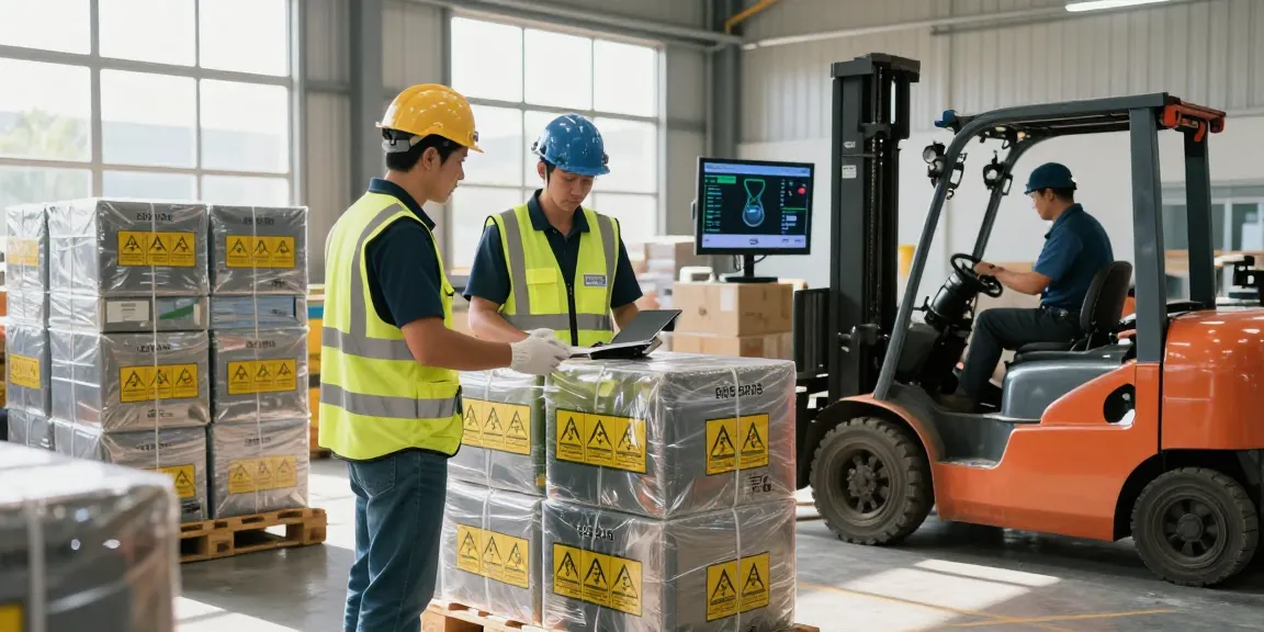 Batterie Transport Dortmund: Fachleute prüfen Sicherheitsvorkehrungen beim Transport von Lithium-Batterien in modernem Lager.