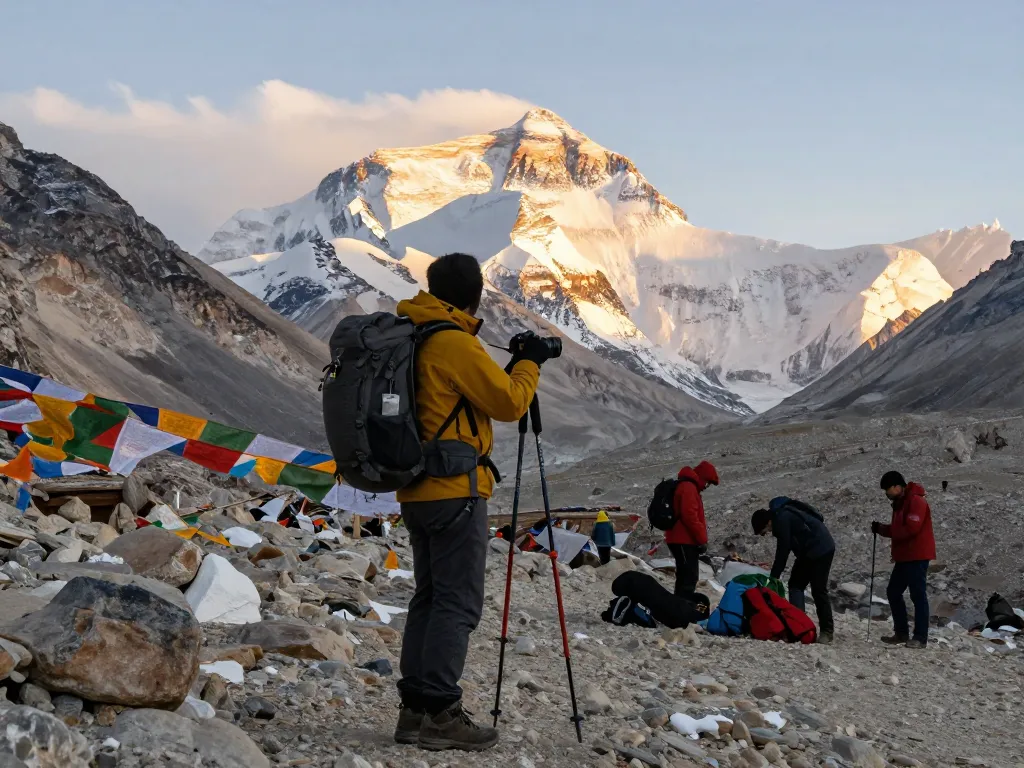 Hiker at Everest Base Camp during golden hour with stunning mountain backdrop, showcasing the adventure of Everest Base Camp Trek with Helicopter Return.