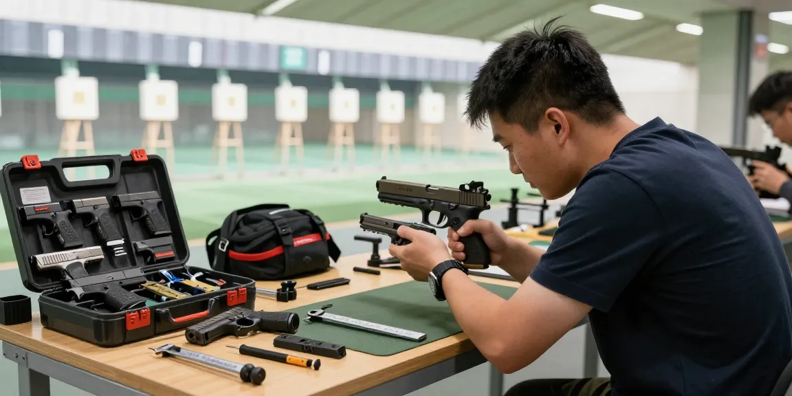 Glock customization process at https://precisionglockslides.com with aftermarket slides, tools, and shooting range.