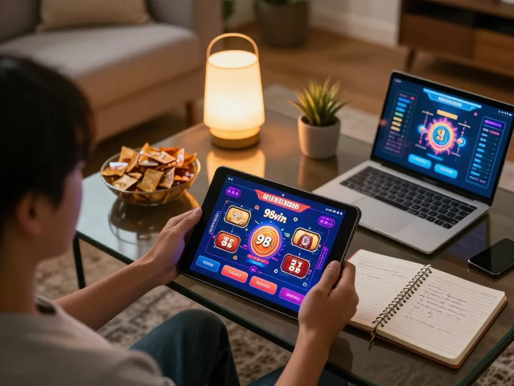 Engaging in online gambling at home using the 98win app to enjoy exciting games in a cozy environment.