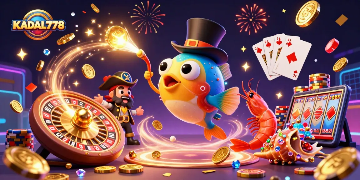 KADAL778 engages players with a thrilling casino scene filled with shimmering coins and vibrant game elements.