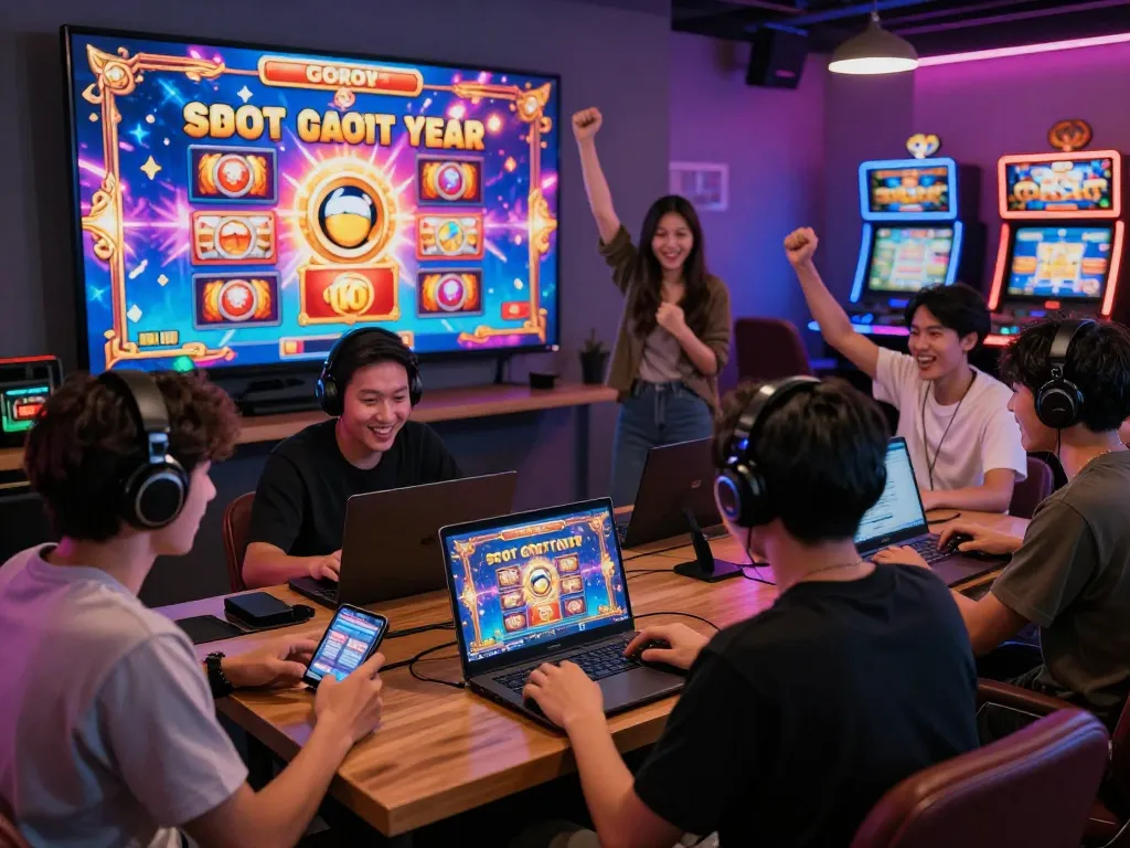 Players experiencing excitement at a slot gacor gaming event with dynamic visuals and vibrant atmosphere