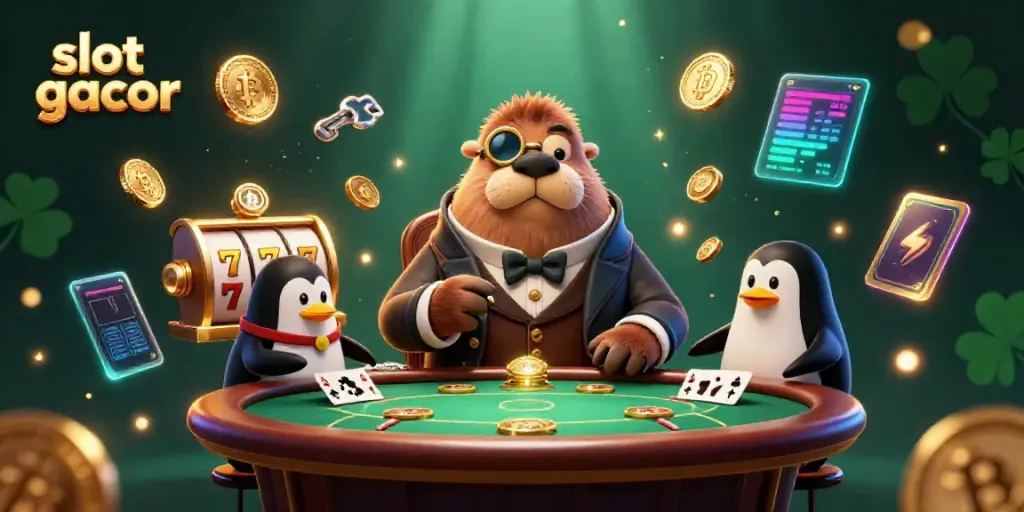 Experience excitement in slot gacor with a whimsical scene of casino characters and vibrant game elements.