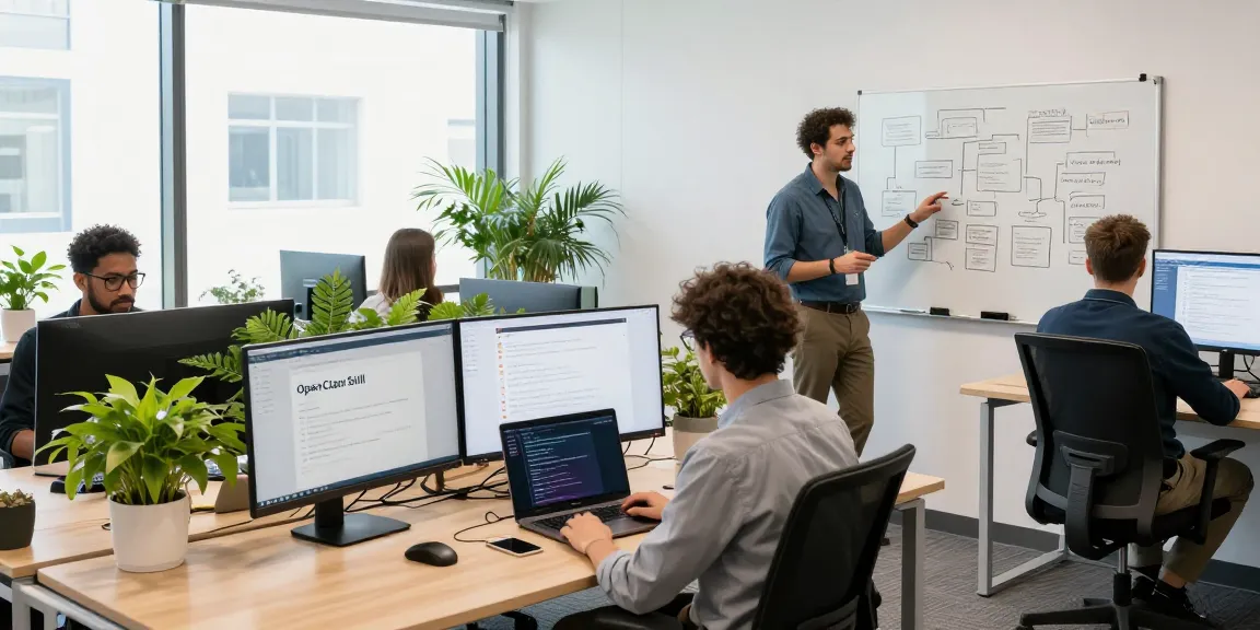 Collaboration scene demonstrating open claw skill development with programmers and designers in a creative workspace.