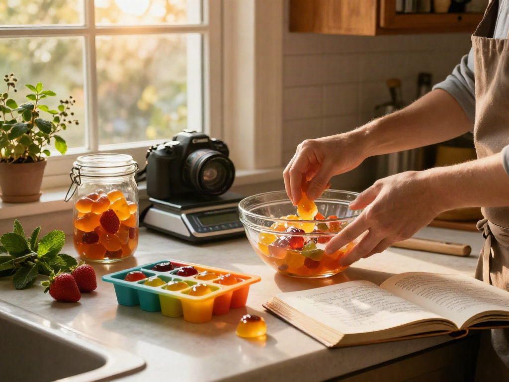 Camino edible gummies being prepared in a cozy kitchen with vibrant fruit and natural ingredients.