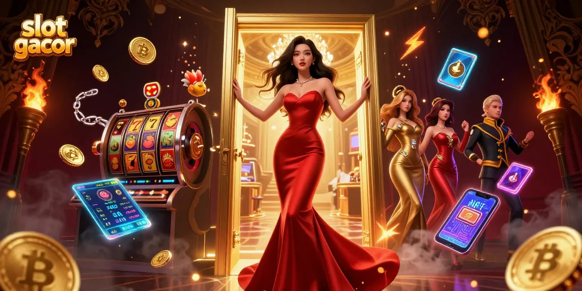 Win big with slot gacor as a beautiful woman stands at a glowing VIP casino entrance surrounded by rich gaming elements.