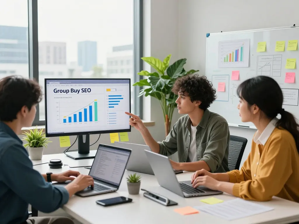Team collaborating on digital marketing strategies using group buy seo tools in a modern office