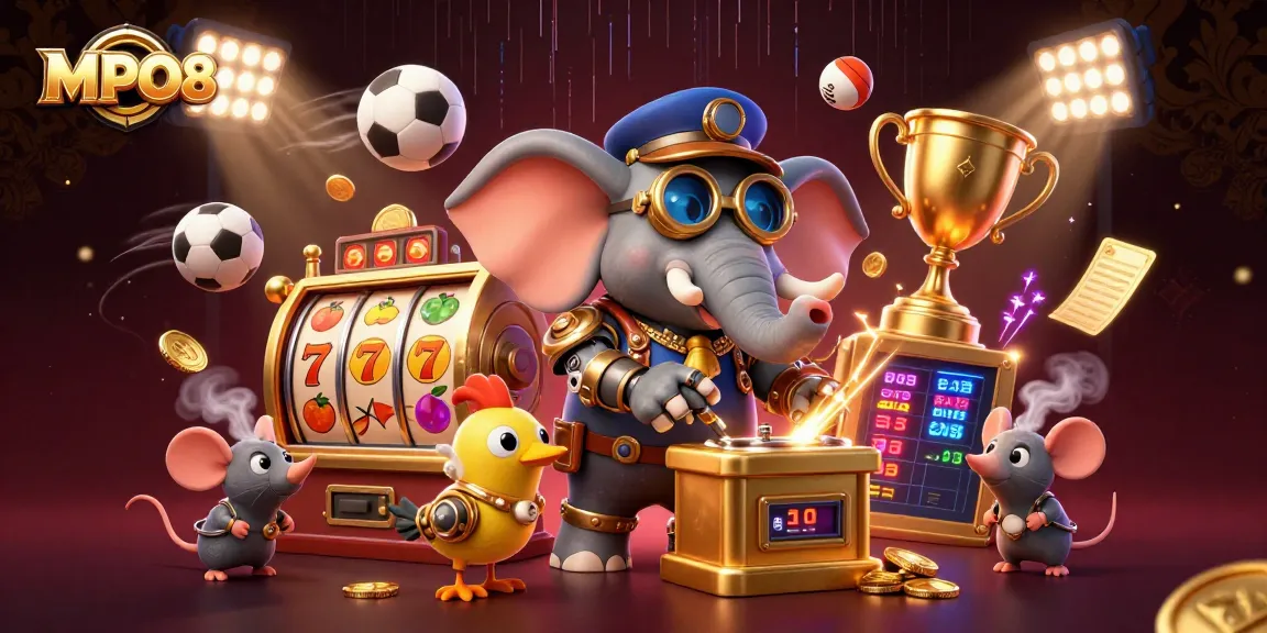 Bet on MPO08 with vibrant 3D characters operating a golden slot machine in an animated casino scene.