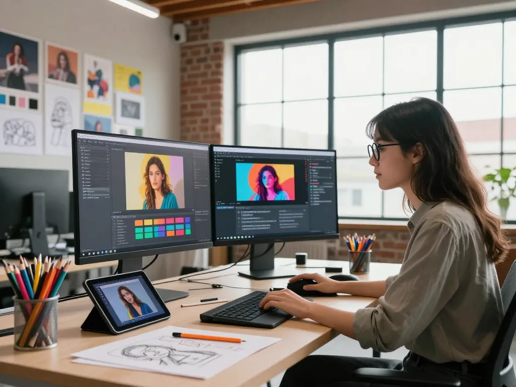 Designer generating image to prompt ai in a vibrant creative studio, showcasing tools and artwork.