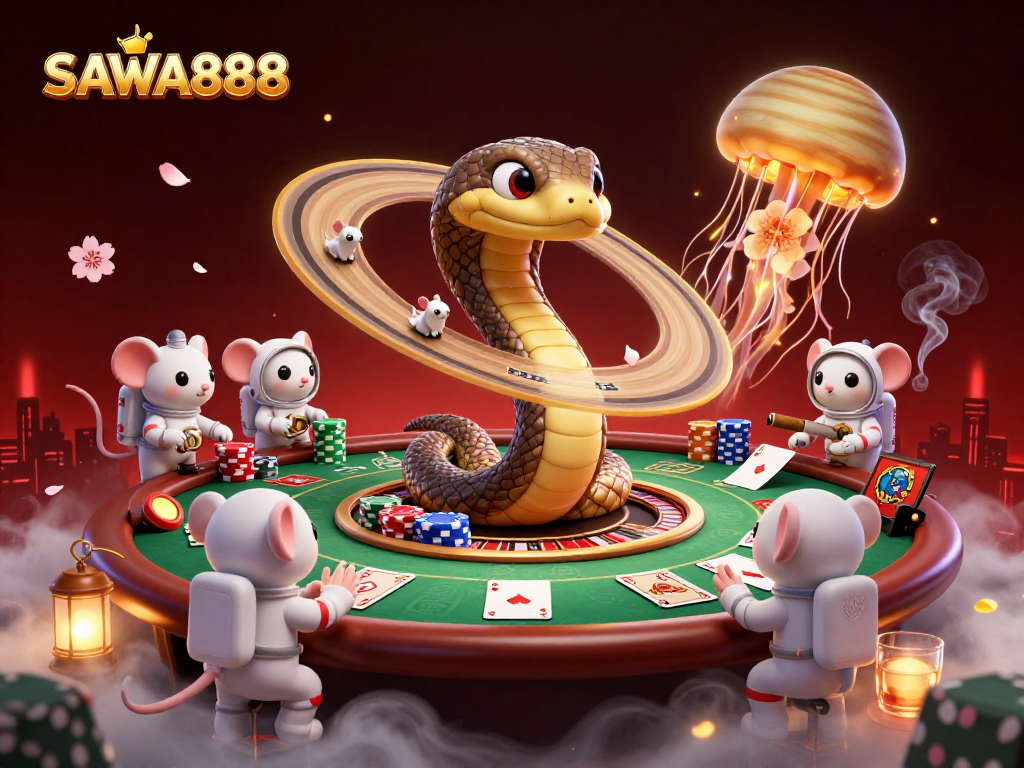 SAWA888 players engaging in thrilling cosmic gambling with cartoon characters amid vibrant casino elements