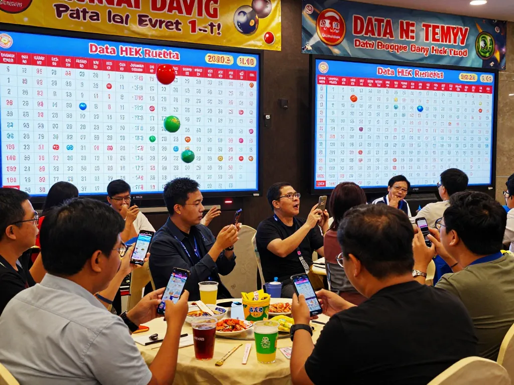 Excited togel enthusiasts celebrating as Data HK results are drawn live at a vibrant lottery event.