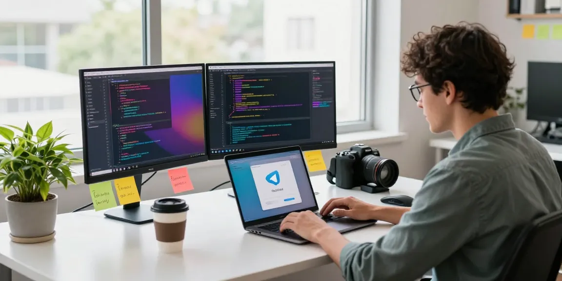 Engaged developer using 纸飞机中文版 on multiple screens in a modern workspace