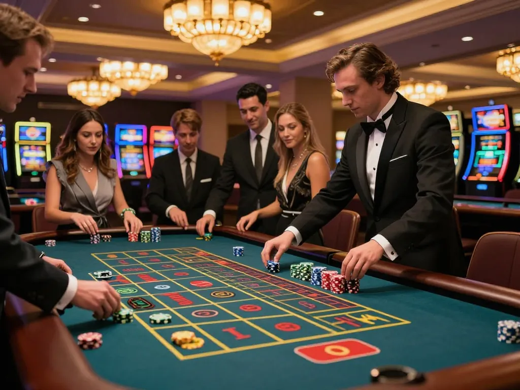 rokok88 players intensely betting at a colorful roulette table in a luxurious casino atmosphere