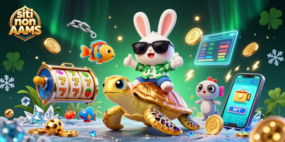 Coinvolgi i giocatori con divertimento nei casinò non AAMS featuring un coniglio fortunato e una tartaruga d'oro in un vivace mondo di casinò.