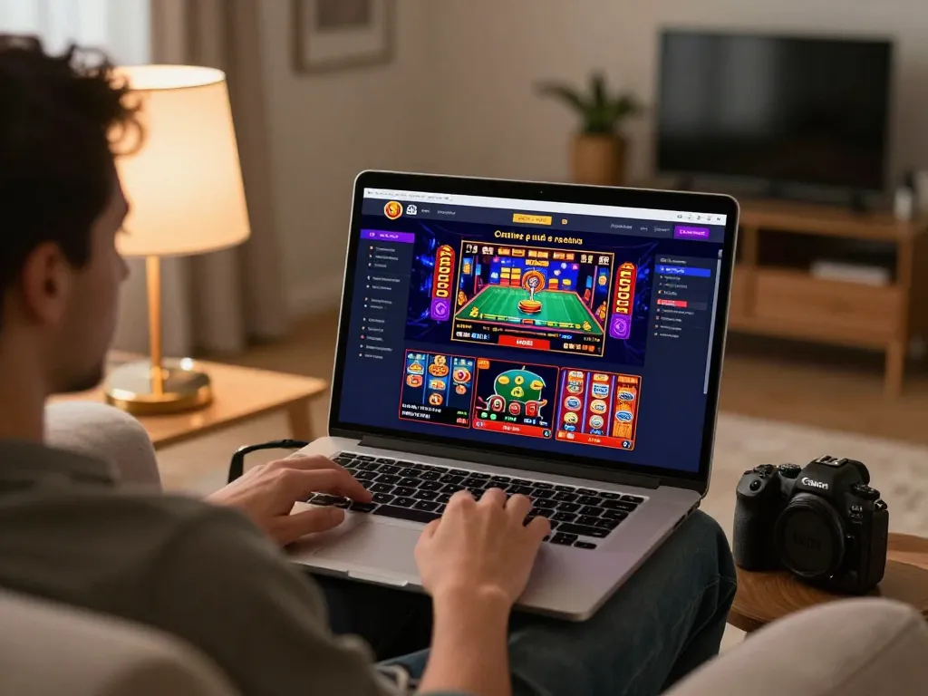 Engaging gaming experience at v9bet with a player focused on live dealer games on a laptop