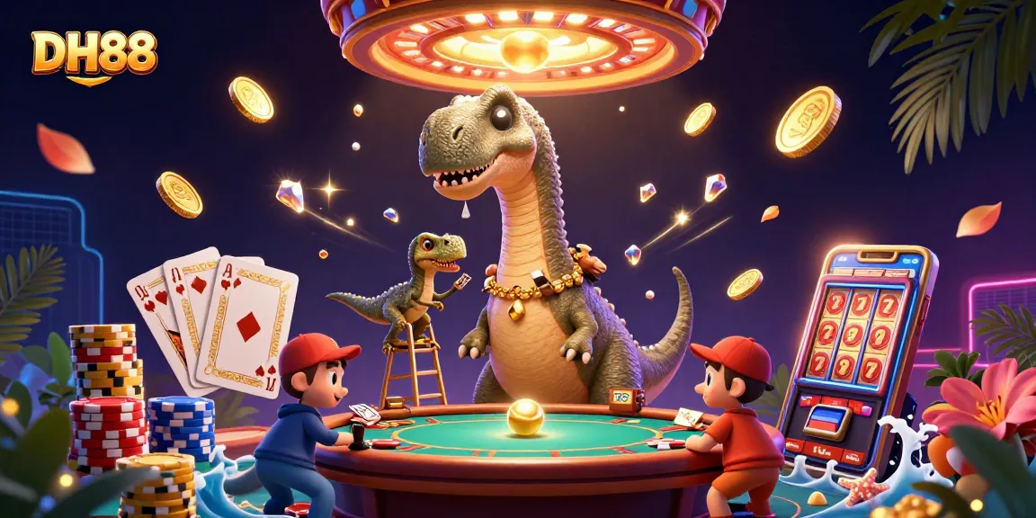 Experience thrilling gaming at DH88 with vibrant slot reels, golden coins, and lively casino characters.