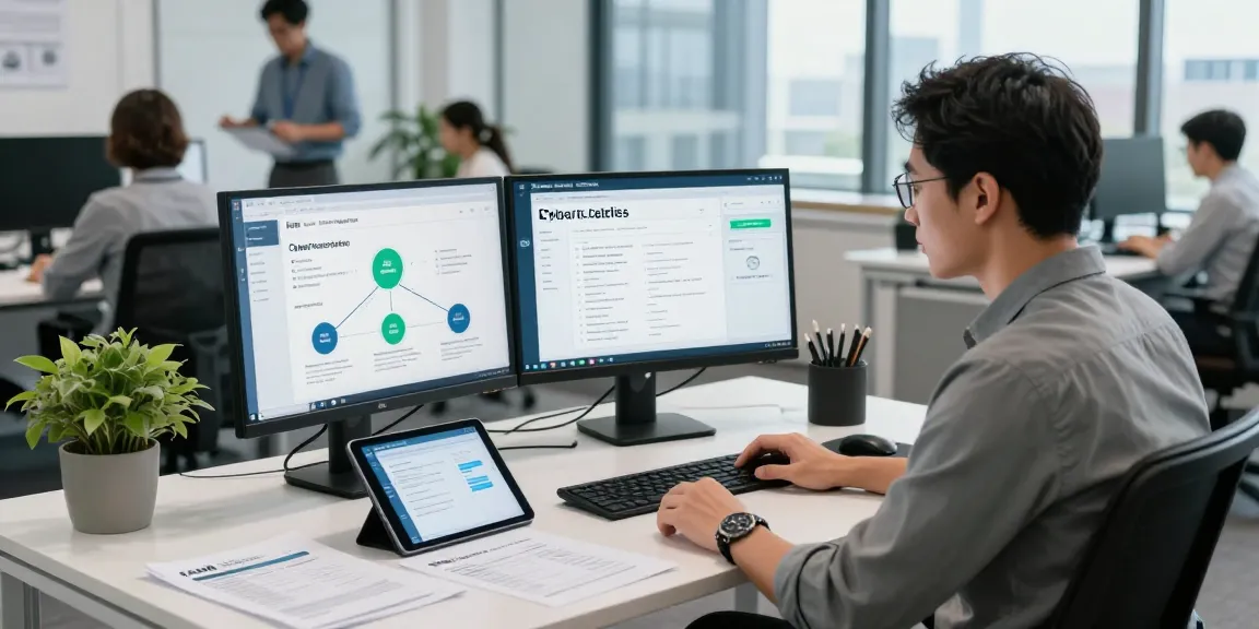 In a modern office, a cybersecurity consultant analyzes metrics for cyber essentials accreditation, ensuring compliance.
