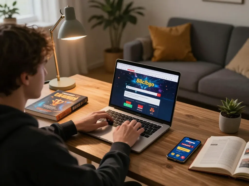 Player using 88clbgo on laptop for online gaming, showcasing dynamic betting setup at home.