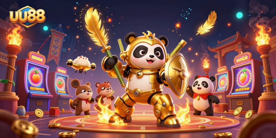Engage with exciting slots action at uu88 while witnessing a golden panda in a dynamic casino scene.
