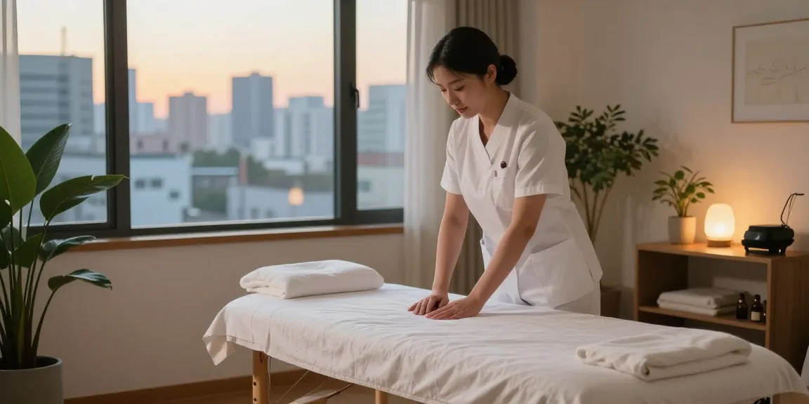 Experience soothing 노원출장안마 services in a tranquil apartment setting with a professional therapist preparing a massage.