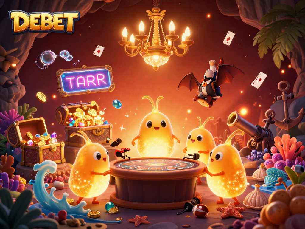 Experience DEBET in a vibrant cave casino featuring glowworms and a bat dealer.