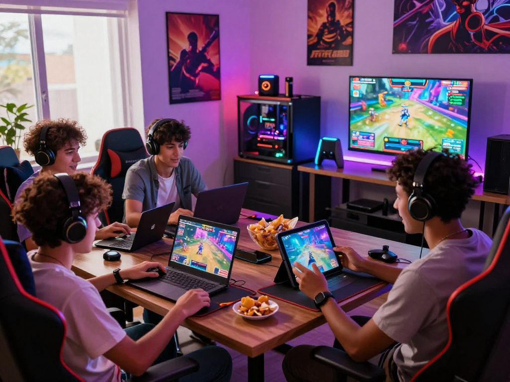 Diverse gamers playing porngames in a lively cozy gaming den with vibrant LED lights.