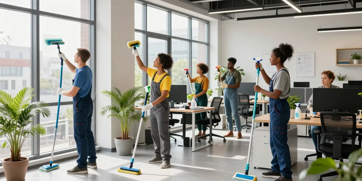 Professionelle Gebäudereinigung in Dortmund mit einem engagierten Team, das umweltfreundliche Reinigungsmittel verwendet.