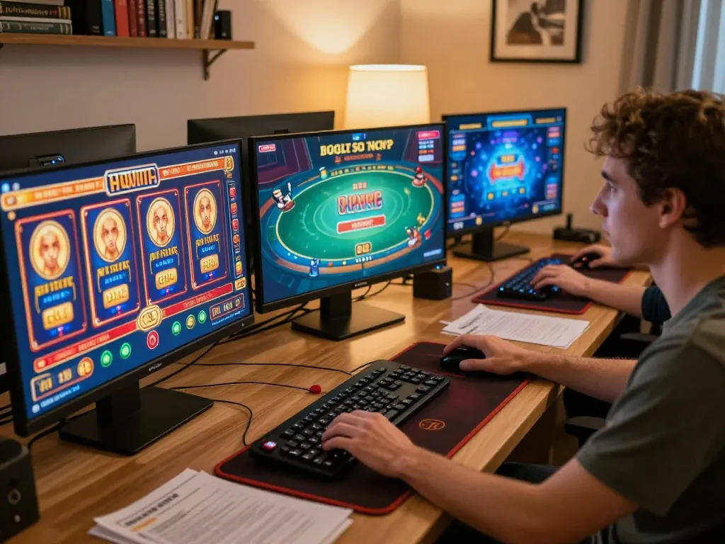 Player engaged in online gaming at home with 3win casino sites visible on multiple screens
